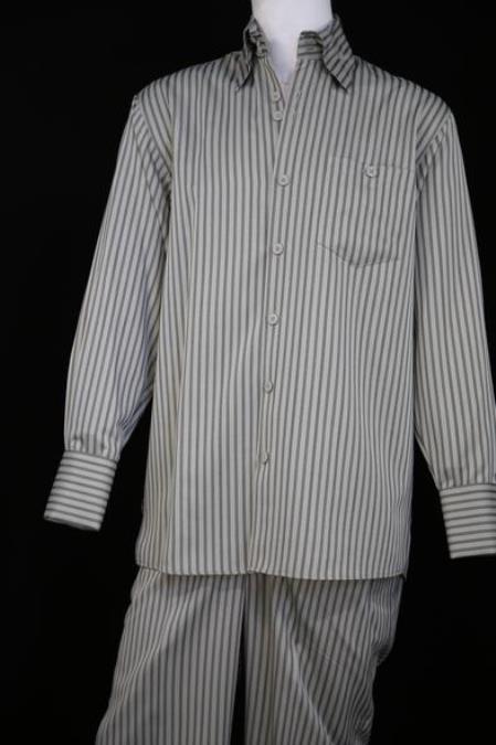Men's Victorian Stripe Long Sleeve Casual Two Piece Walking Outfit For Sale Pant Sets Suit Sage Point Collar