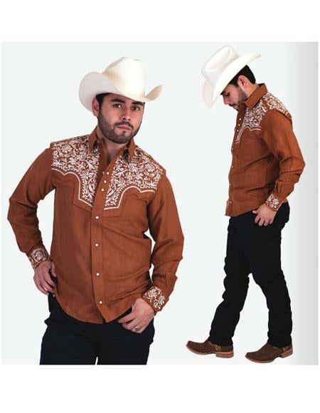 COBRE Men's Long Sleeves Floral Pattern Casual High Collar Cowboy Shirt