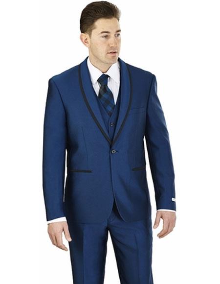 Men's Wedding - Prom Event Bruno Shawl Lapel  1 Button Blue Suit