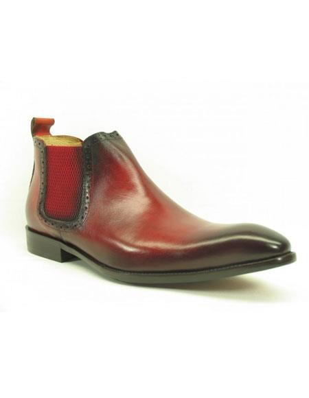 Men's Red ~ Black Carrucci Burnished Calfskin Slip-On Low-Top Chelsea Slip on - Stylish Dress Loafer Red And Tint Of Black Cheap Priced Men's Dress Boot With jeans or Suit Best Fashion Dressy Leather Boot!  - Red Men's Prom Shoe 