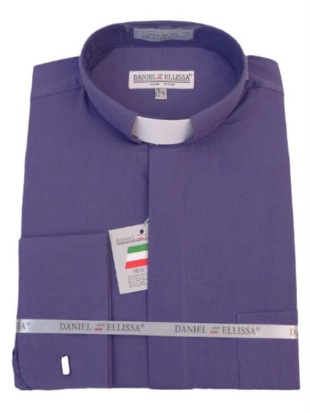 Men's Mandarin Banded Collar FrenchCuff Pastor Preacher Long Sleeve Preacher Round Style Purple collarless Shirt 