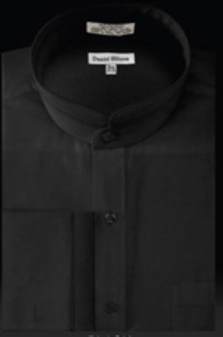 men’s French cuff mandarin Preacher Round neck style ,Black cotton banded collar Men's Dress Shirt
