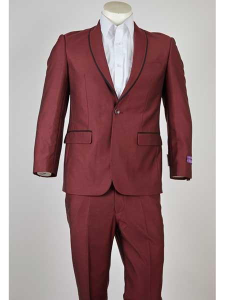 Men's Maroon 1 Button Black Trim Shawl Lapel Slim Fit Suit
