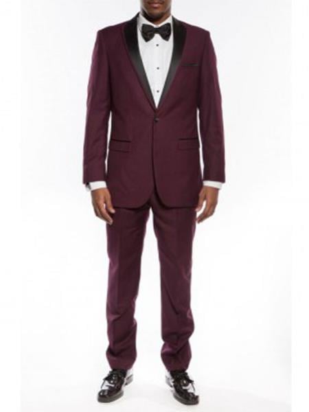 One Button Peak Framed Lapel Slim Fit Tuxedo For Men Black and Burgundy ~ Wine ~ Maroon Suit Burgundy Tuxedo