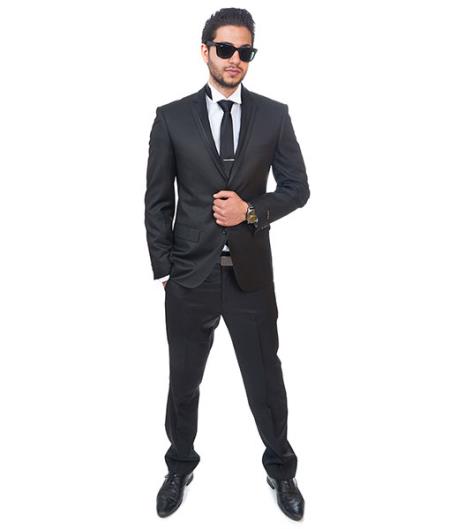 Men 2 Button Trim Collar Slim Fit Black Tuxedo Single Vent Online Discount Fashion Sale