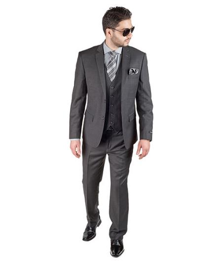 Men 3 Piece Slim Fit With Double Vested  Suit Charcoal Grey