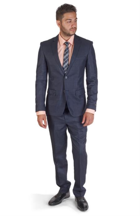 Men Dark Navy Plaid 2 Button  Suit Slim Fit Flat Front Pants - Dress Suit For Men - Dark Blue Suit Color