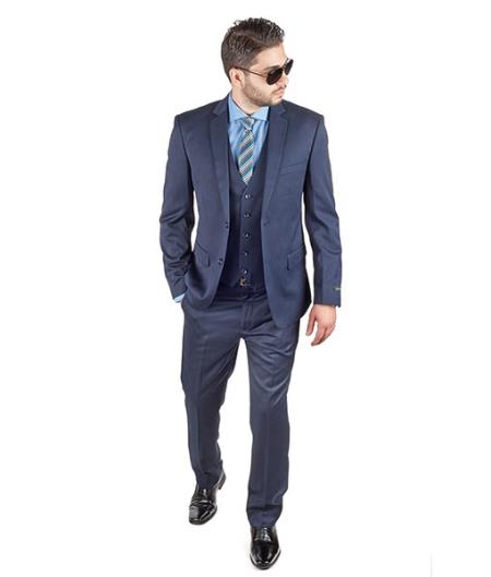 Men Dark Navy Blue Suit For Men 3 Piece Suit Slim Fit With Double Vested