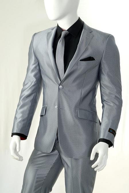 Alfani Classic Fit Gray Silver Shiny Sharkskin Two Button Flat Front Mens Suit 