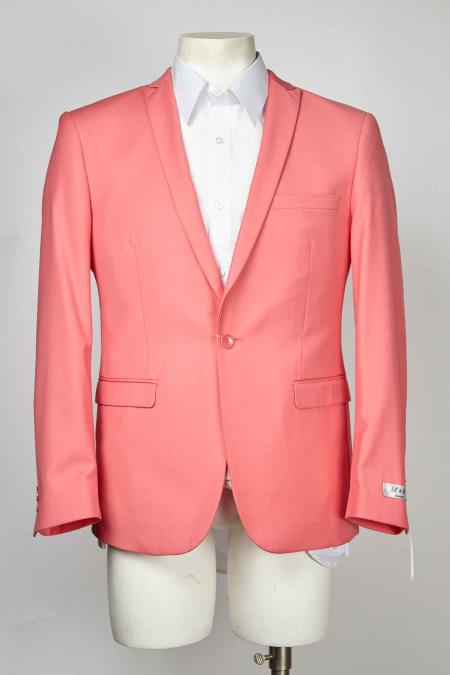 Style#-B6362 Men's Salmon Coral One Button Cheap Priced Designer Fashion Dress Casual Blazer For Men On Sale Blazer With Centre Vent Melon ~ Peachish Pinkish Color