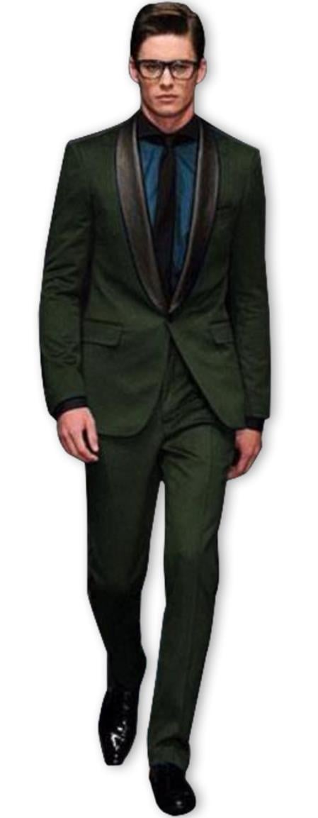 Alberto Nardoni Olive ~ Dark Green Shawl Collar Wool Tuxedo Vested 3PC Suit Black Lapel
