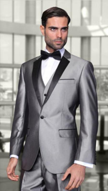 Men's Two Toned  Caesar 1-Button Notch Modern Solid Tuxedo Grey