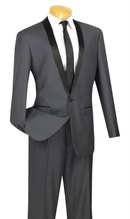 Men's Two Toned Lapel Sleek 1-Button Shawl Plain Front Tuxedo Grey