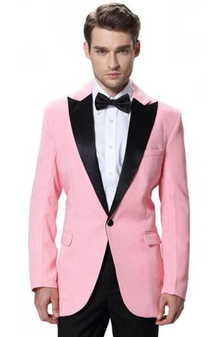 Men's Black Lapel Tuxedos Pink Jacket with Black Pant One Button Elegant Slim Fit Wedding Suit