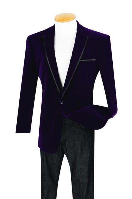 Style#-B6362 Men's 1 Button Purple Velour Dinner Jacket Sport coat With Trim Fashion Tuxedo For Men
