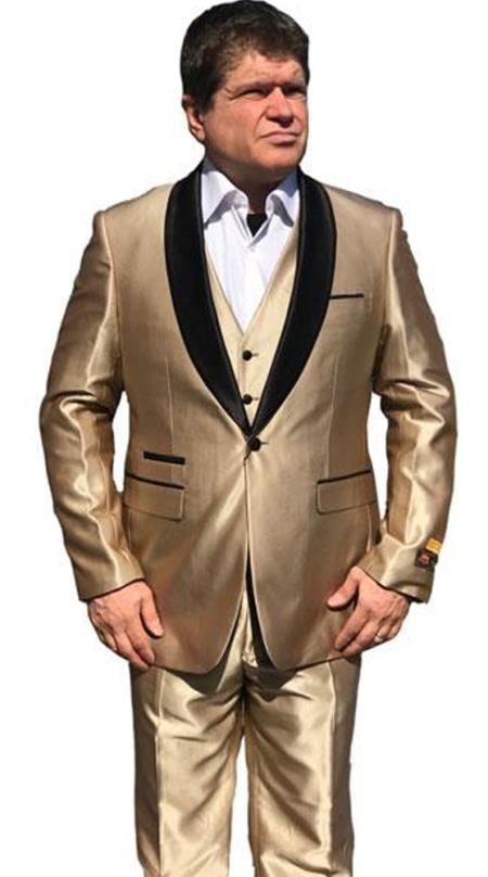 Alberto Nardoni Men's Sharkskin Vested 1 Button Shawl Tuxedo in Shiny Gold $199