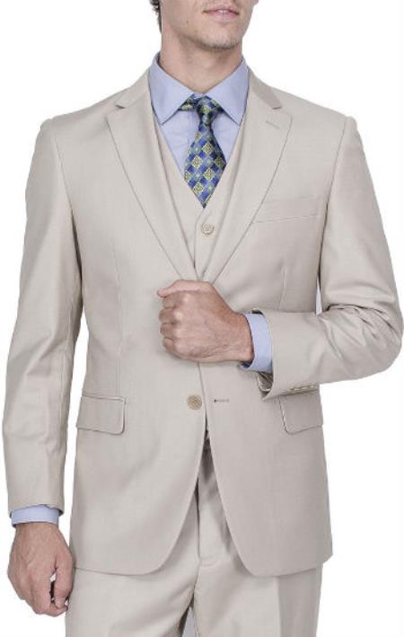 Men's 2-Button Front Vested Suit Solid Beige  Affordable - Discounted Priced On Clearance Sale