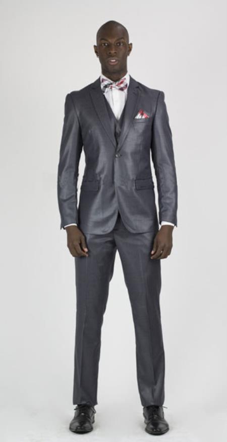Slim Fit Suit - Fitted Suit Men's Vent 2 Button Sharkskin Shiny Vested 3 Piece Suit Charcoal Online Discount Fashion Sale