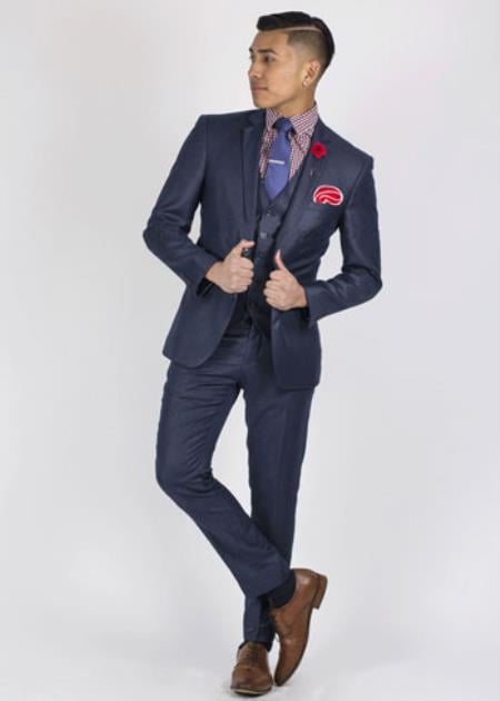 Men's 2 Button Slim Fit Sharkskin Textured Pattern Tapered Fit Suit Dark Blue