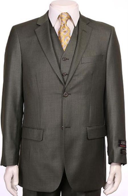 Two Button Sheen Sharkskin Design ~ Super fine poly blend Olive,Vested Suit 3 Pieces Pleated Pants suits