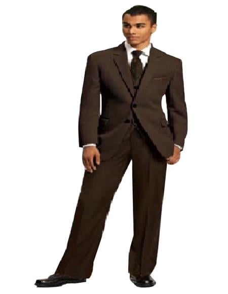 High Quality 2 Button Solid Brown Vested Suits 100% Wool Men's 3 ~ Three Piece Suit On Sale