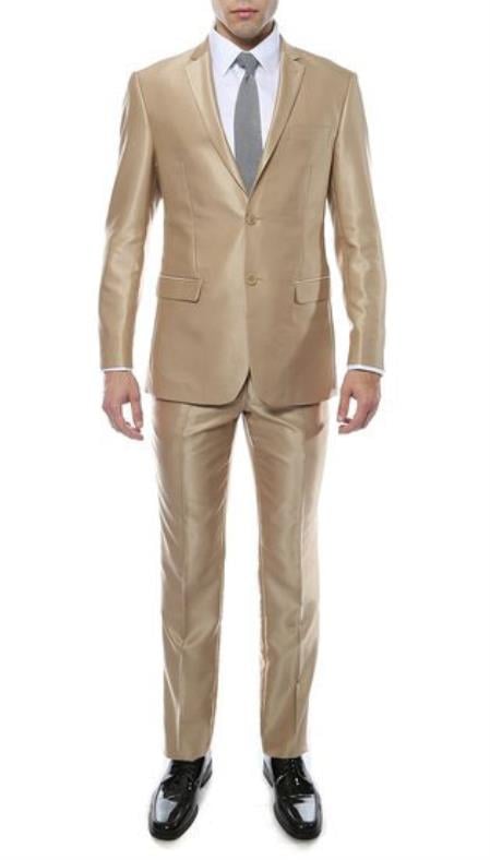 Men's Designer Brand 2 Button Premium Sharkskin Slim Fit 2 Piece Suit Champagne