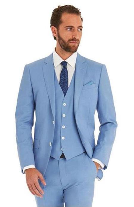 Men's Sky Baby Blue Ocean Single Breated 2 Button Suit - Vested 3 Piece Suit