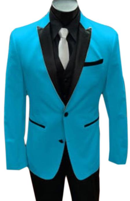 Alberto Nardoni Turquoise ~ Aqua Light Blue Tuxedo and Black Lapel Vested Suit With Black Vest