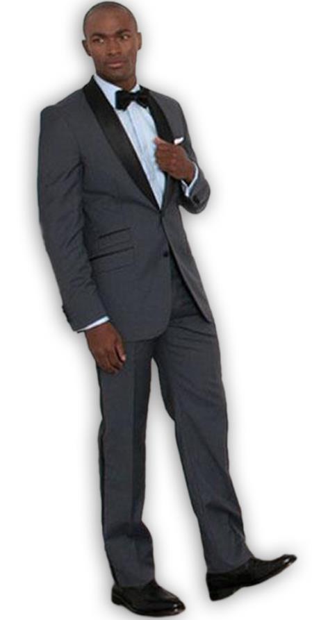 Men's Albert Nardoni Charcoal Slim Fit Shawl Collar 2 Button Tuxedo Jacket - Mens Grey And Black Tuxedo Wedding - Charcoal Grey Tuxedo