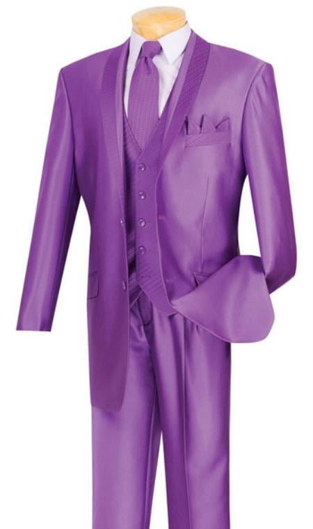 Mens Shiny Sharkskin Satin Flashy 2 Button Purple Violet Suit Vested