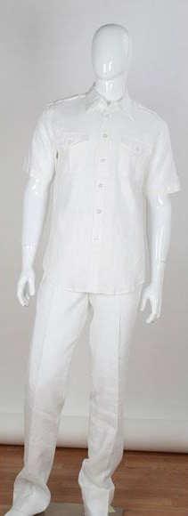 Men's Safari Style 2 Piece Short Sleeve Stripe Accent White Shirt Double Chest Pockets Linen Casual Two Piece Mens Walking Outfit For Sale Pant Sets Suit