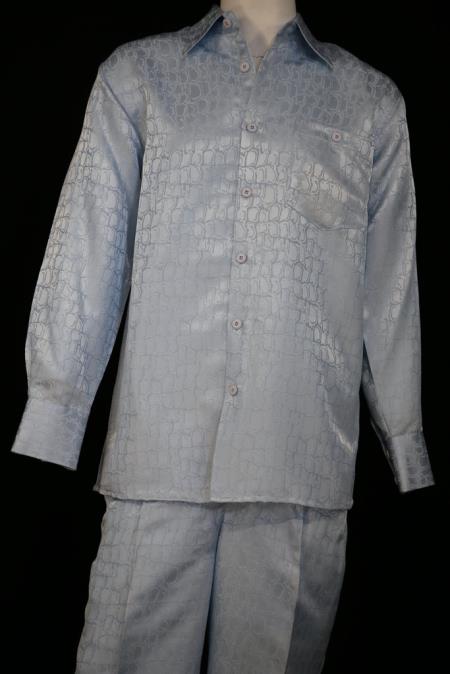 Men's Crocodilian Scale Pattern Aquamarine 2pc Shirt and Pants