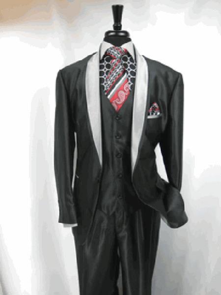 Men's 3 Button Two Toned Tuxedo Jacket and Vest Suit Jacket Grey, Black