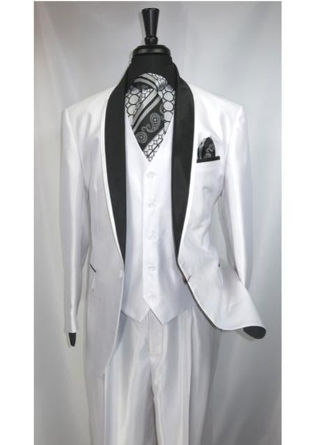 Men's 3 Piece One Button  Shawl Lapel Suit Jacket with Black Satin Trim Collar White 