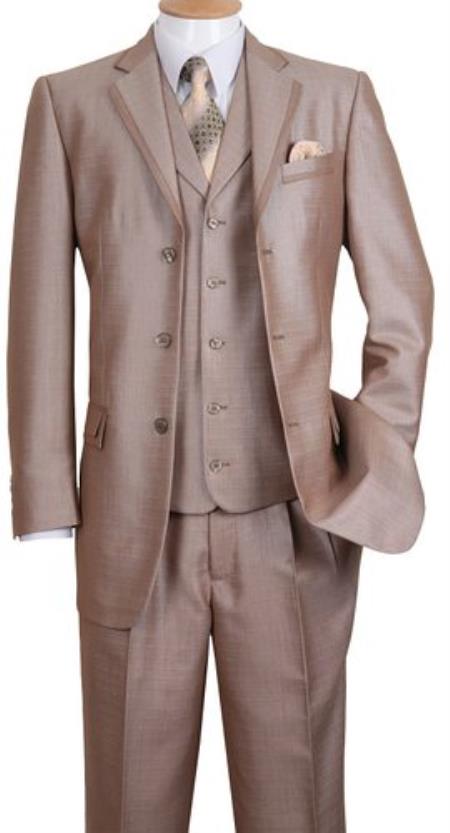 Men's 3 Button Fashion Cheap Priced Business Suits Clearance Sale Edged Jacket w/ Pants Vest Set Tan
