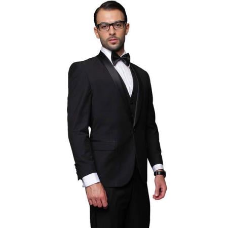 Men's Blacked Lapel Two Toned Suit Tux Jacket + Pants & Vest 3-Piece Single Breaste Tuxedo Black