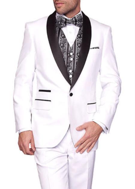 Men's Two Toned Lapel 3-Piece Capri Flat front Tuxedo Suit White