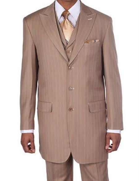 New Men's Peak Lapel Pinstripe Stripe Suits Vested In Tan ~ Beige Pleated Pants - Three Piece Suit