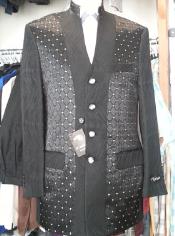 Men's Black Patterned Mandarin Collar 4 Buttons Suit 