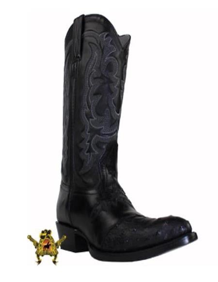 Men's Black Semi oval toe Genuine ostrich Handmade Dress Cowboy Boot Cheap Priced For Sale Online - Botas De Avestruz