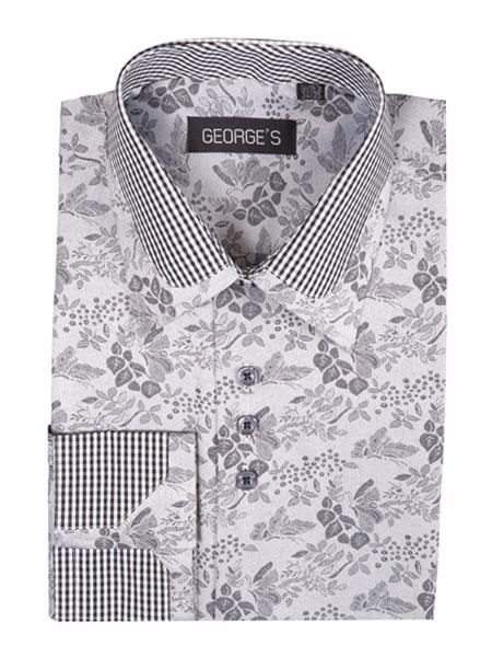 Men's Floral Pattern Black Classic Fit Cotton Blend Standard Cuff Shirt