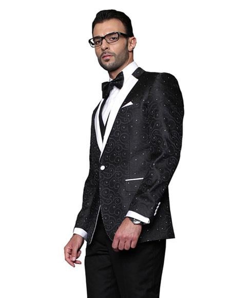 Style#-B6362 Men's Black Paisely Patten Wool Modern Fit Suits Vested Suit on Sale
