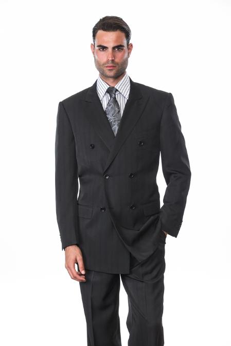 BLACK ON BLACK DOUBLE BREASTED SUITS Men's SUIT WITH Stripe ~ Pinstripe Shadow Tone On Tone Pattern Wool Suit