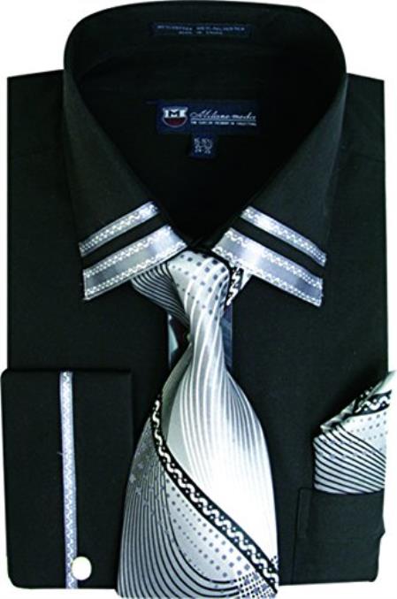 Black Long Sleeve Two Toned Contrast Fashion Tie Set Men's Dress Shirt
