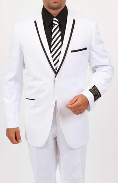 Style#-B6362 Black Lapel Two Toned Men's Two Piece Slim Fit Suit - Satin Trimmed Lapel White Tuxedo With Black Trim