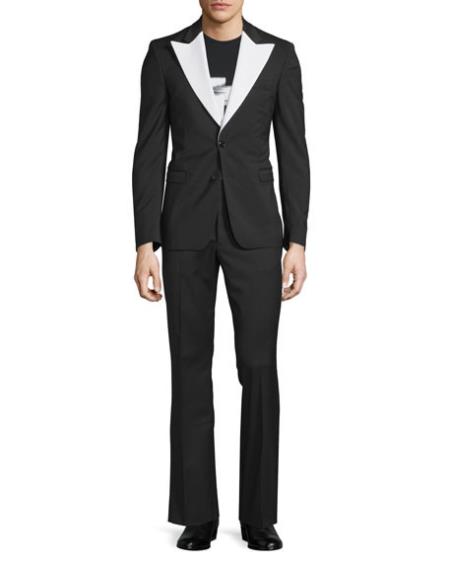 Men's Contrast Peak Lapel Black Slim Fit 2 Piece Long Sleeve Tuxedo