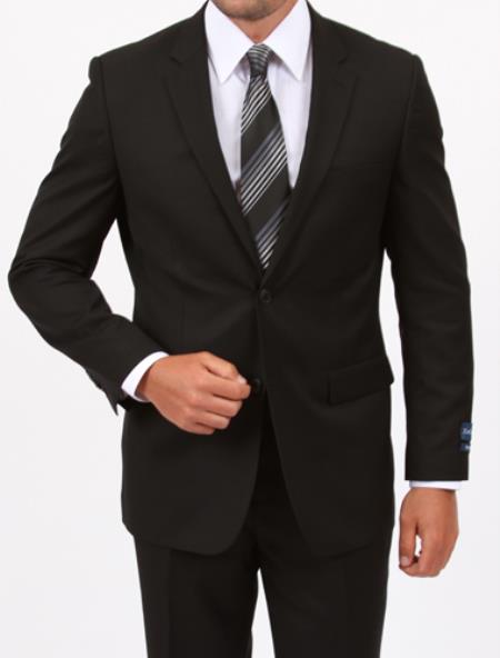 Reg Price $795 Designer Affordable Inexpensive Authentic Suit 2 Button Side Vent Jacket Flat Front Pants Classic Black 