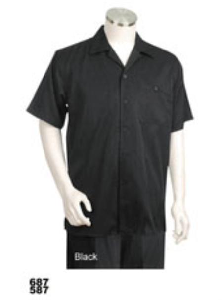 Men's Short Sleeve 2piece Casual Mens Walking Suit Black 