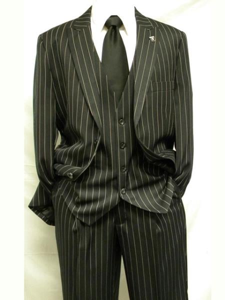 Men's Black and White Gangster Bold PinStripe Mars Vested 3 Piece Fashion Suit Pleated pant 