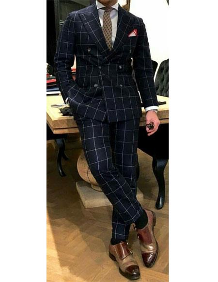 Mens 3 Piece Double Breasted Suit White Window Pane Check on Navy Classic Retro 